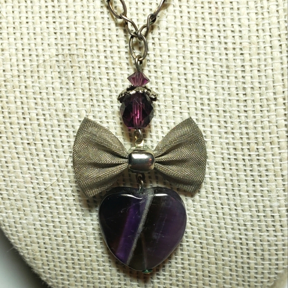 Vintage Amethyst Heart with Silver Mesh Bow Necklace on Sterling - Picture 1 of 14